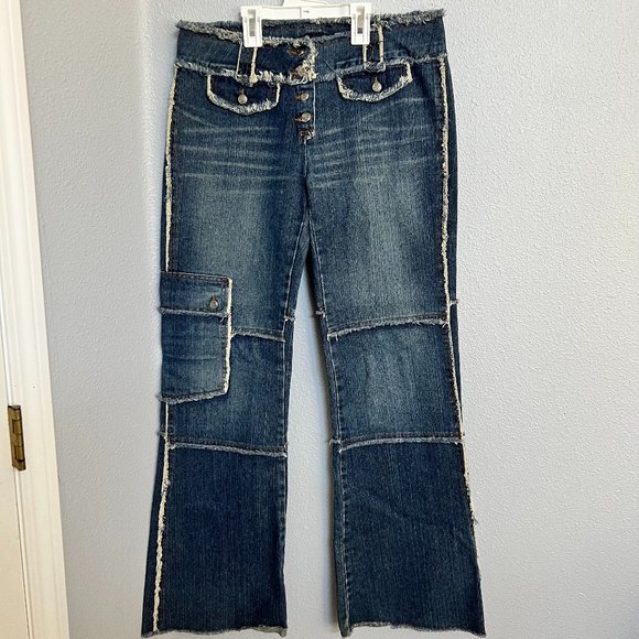 Anthropologie Wide Leg Frayed Patchwork Dark Wash Jeans - Picture 1 of 6